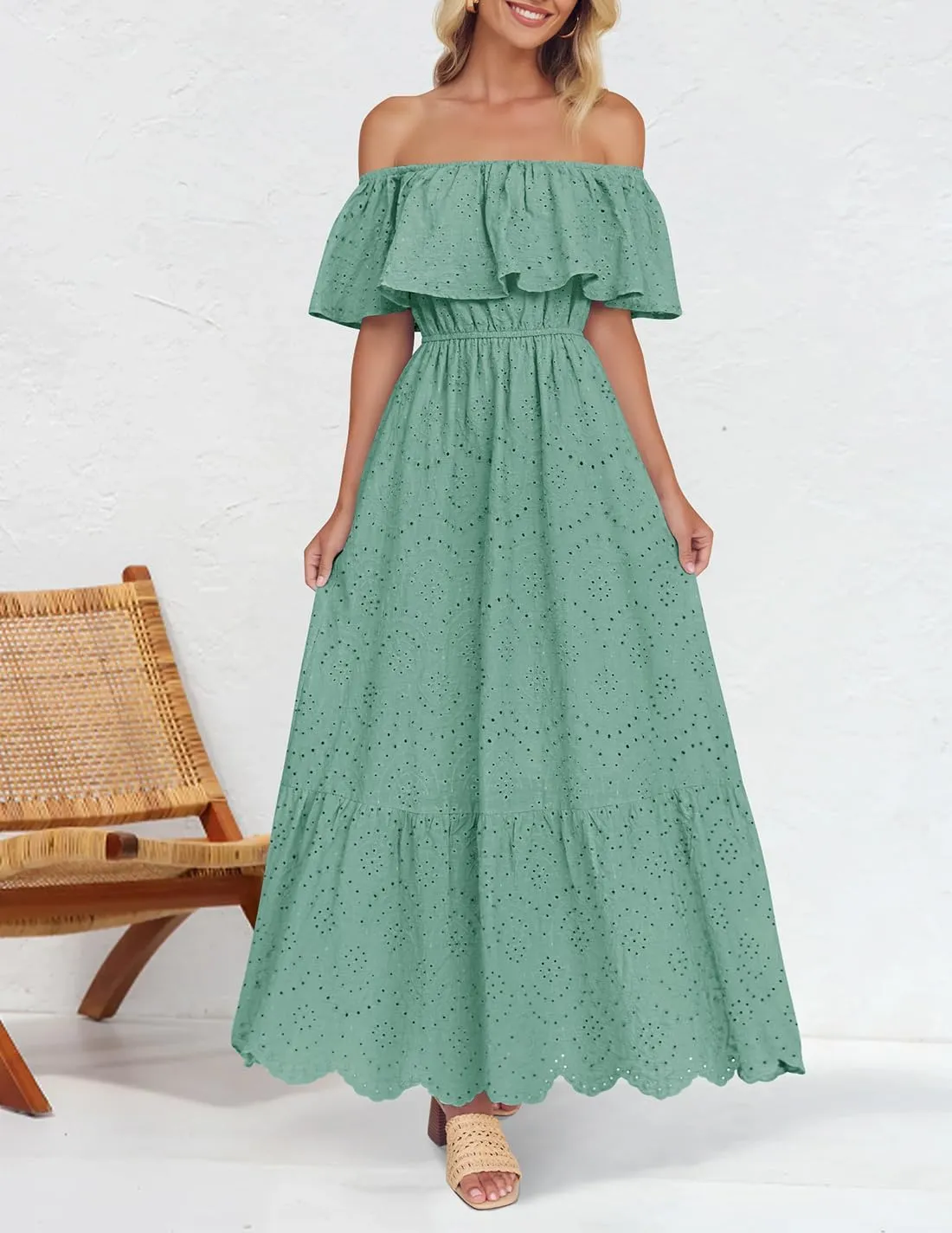 ZESICA Women's 2025 Summer Off Shoulder Ruffle Midi Dress Short Sleeve High Waist Hollow Out Embroidery Party Dresses