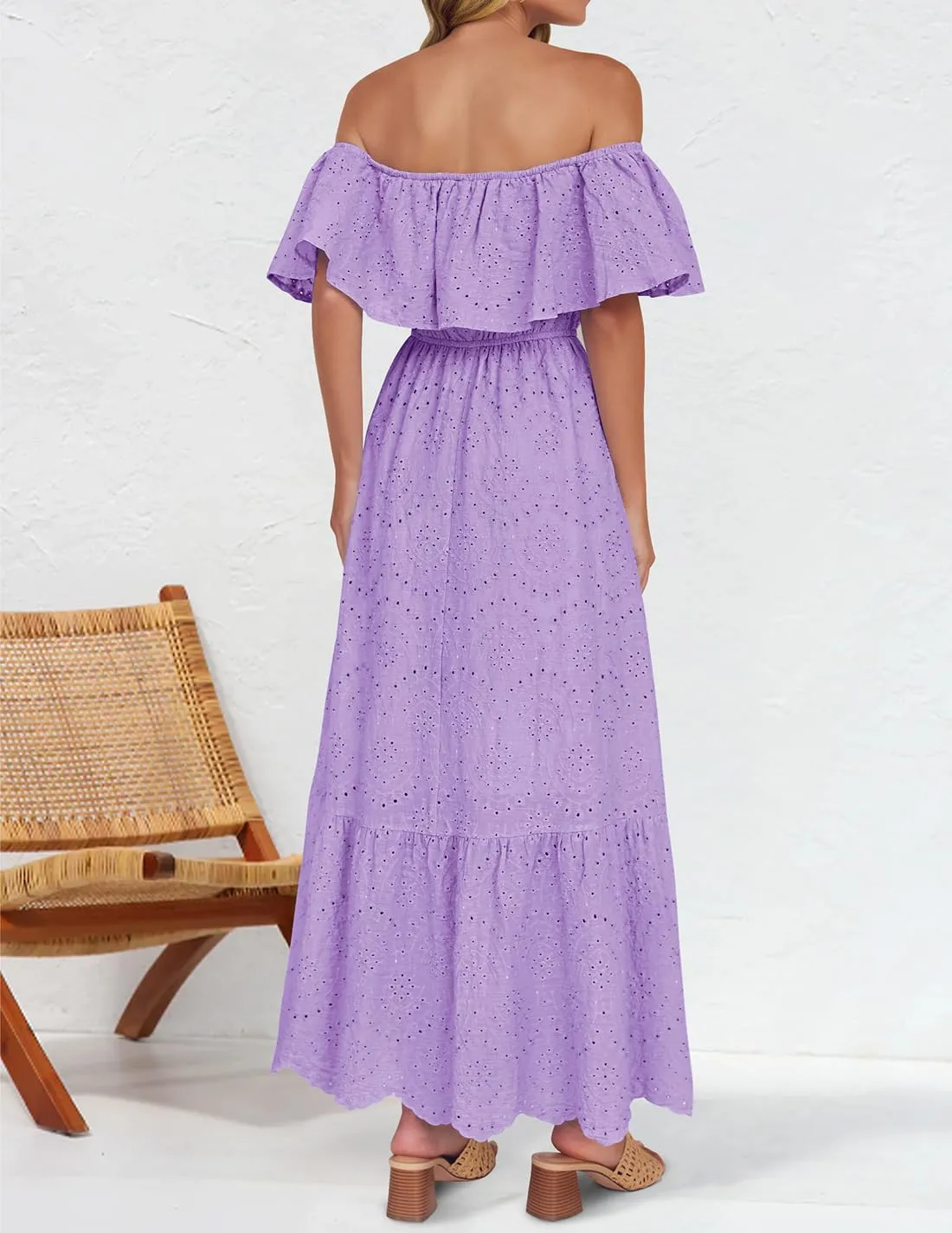 ZESICA Women's 2025 Summer Off Shoulder Ruffle Midi Dress Short Sleeve High Waist Hollow Out Embroidery Party Dresses