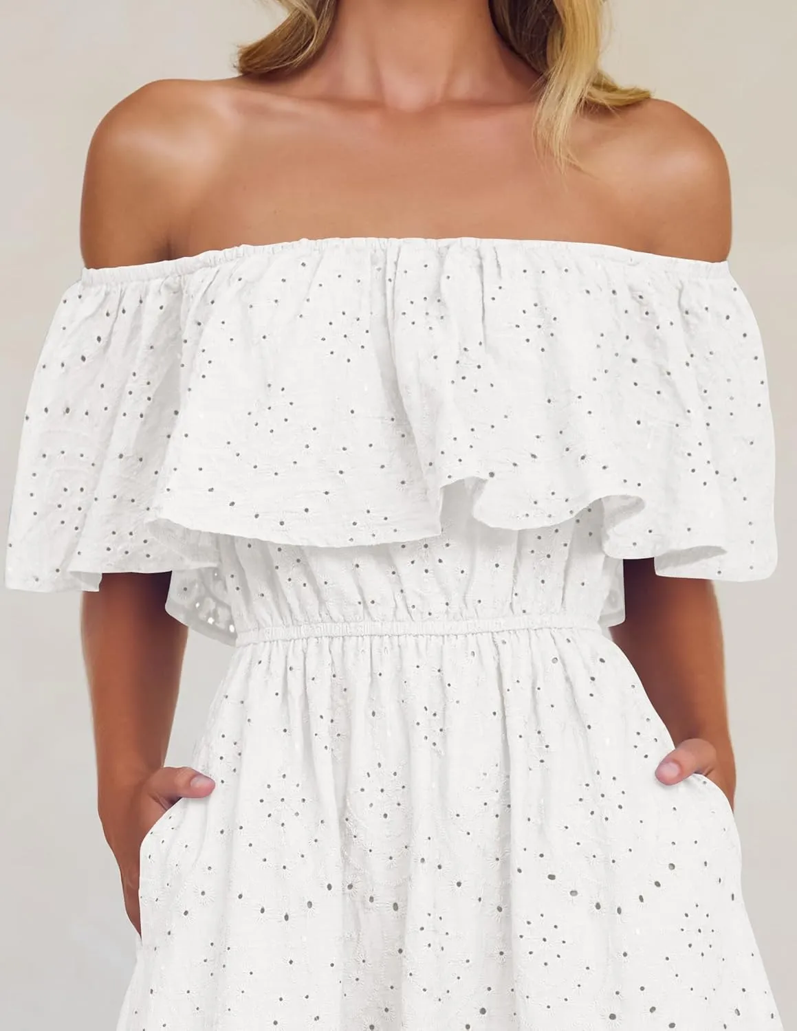 ZESICA Women's 2025 Summer Off Shoulder Ruffle Midi Dress Short Sleeve High Waist Hollow Out Embroidery Party Dresses