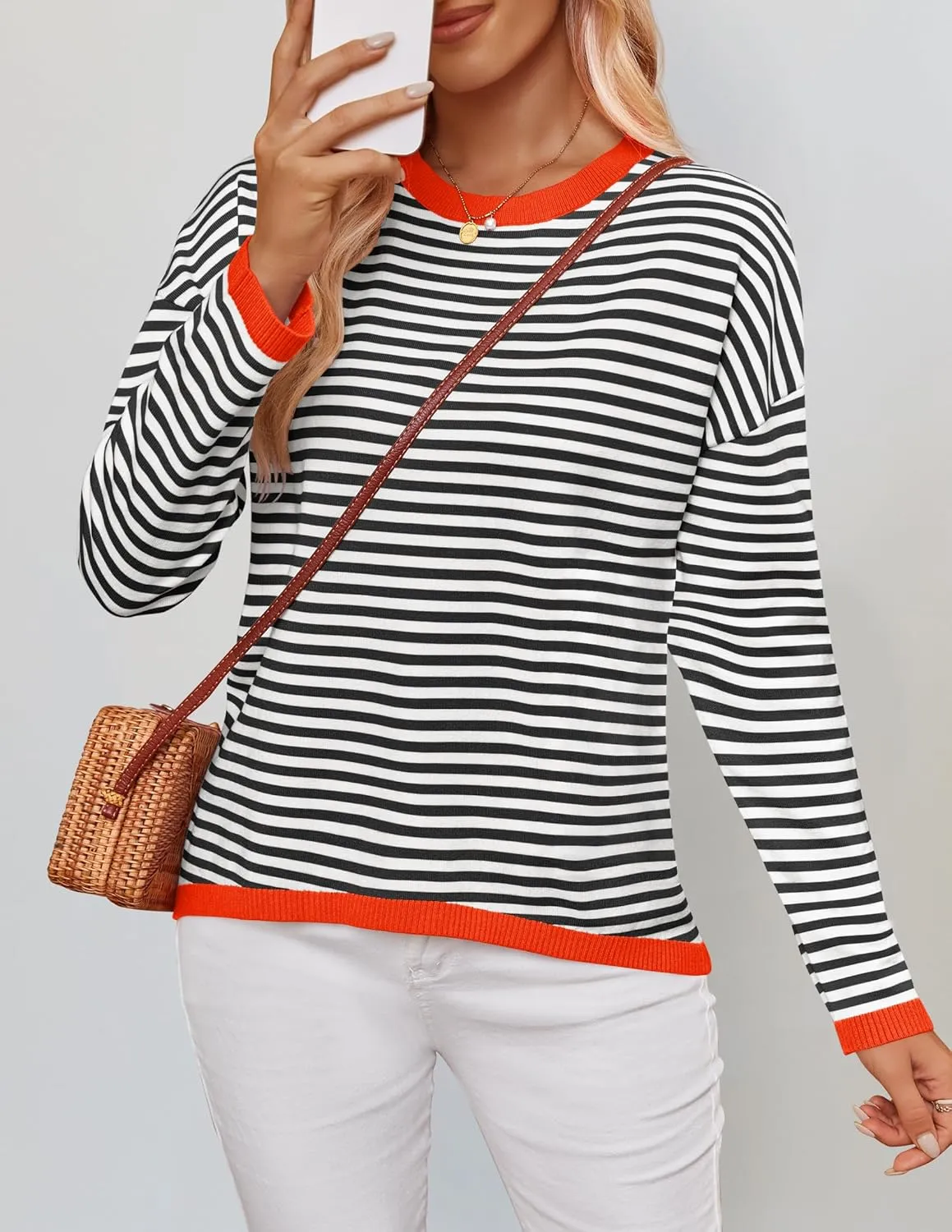 ZESICA Womens Spring Striped Sweaters Long Sleeve Crew Neck Shirts Color Block Lightweight Pullover Tops