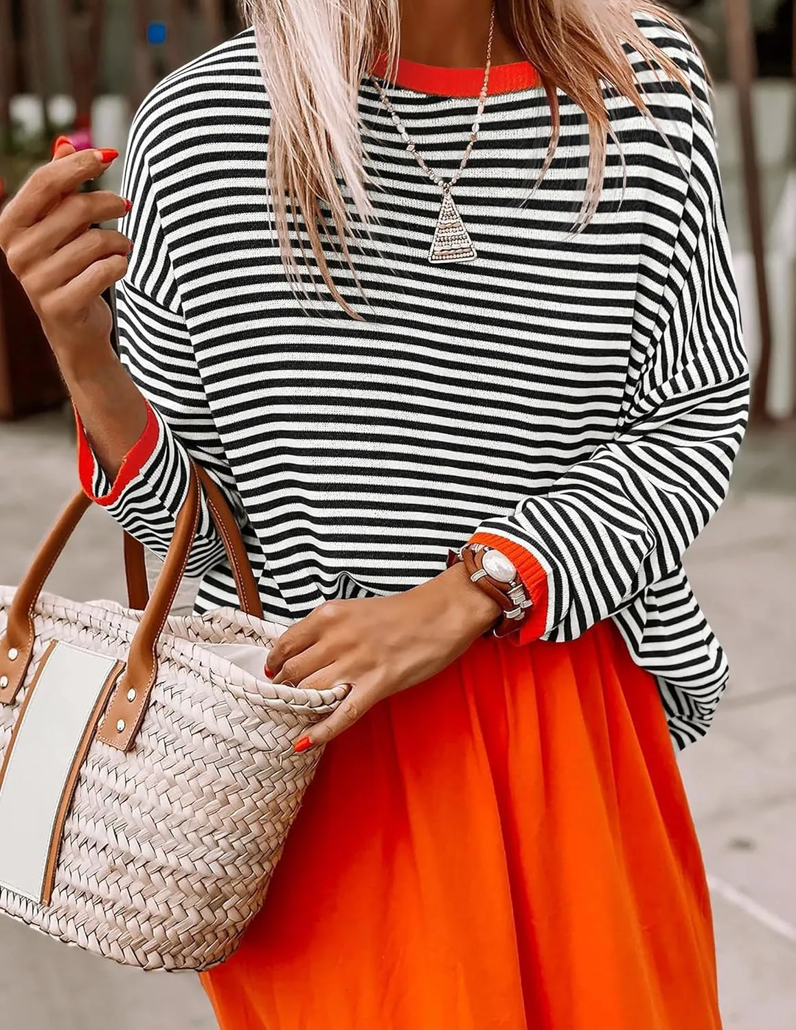 ZESICA Womens Spring Striped Sweaters Long Sleeve Crew Neck Shirts Color Block Lightweight Pullover Tops