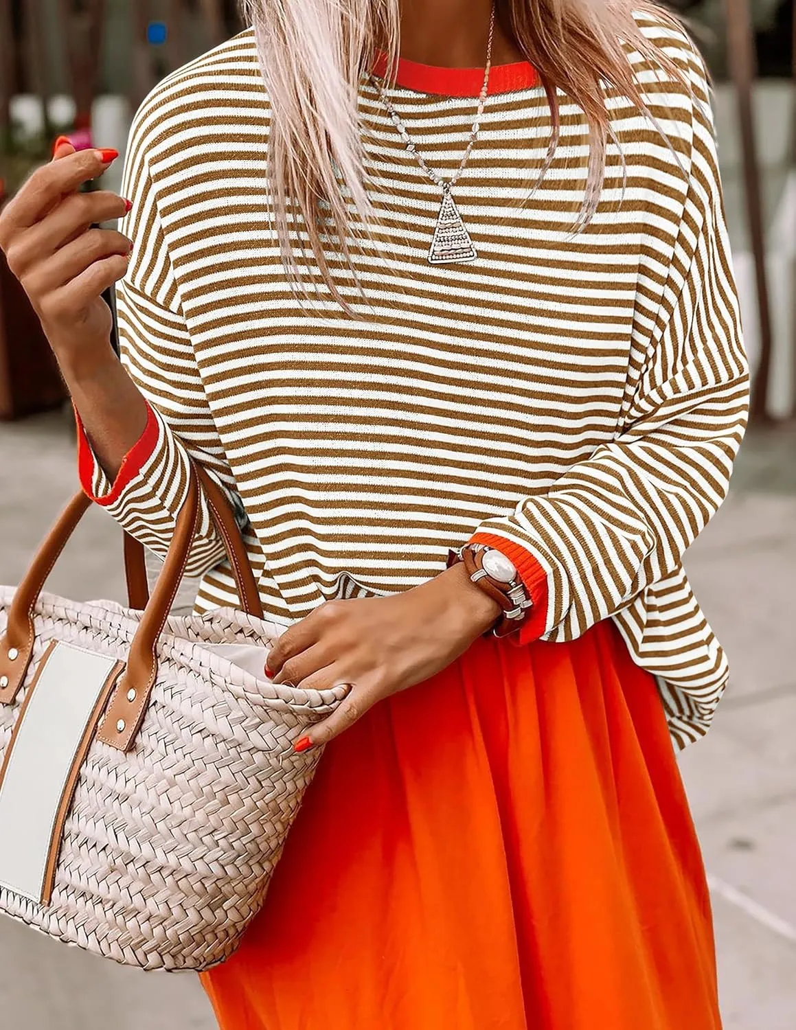ZESICA Womens Spring Striped Sweaters Long Sleeve Crew Neck Shirts Color Block Lightweight Pullover Tops