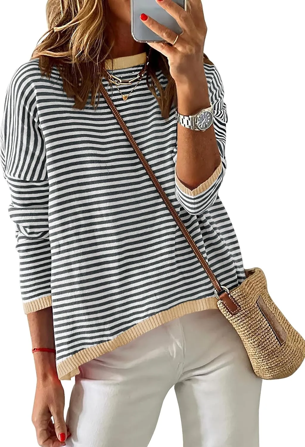 ZESICA Womens Spring Striped Sweaters Long Sleeve Crew Neck Shirts Color Block Lightweight Pullover Tops