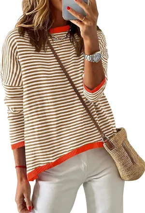 ZESICA Womens Spring Striped Sweaters Long Sleeve Crew Neck Shirts Color Block Lightweight Pullover Tops