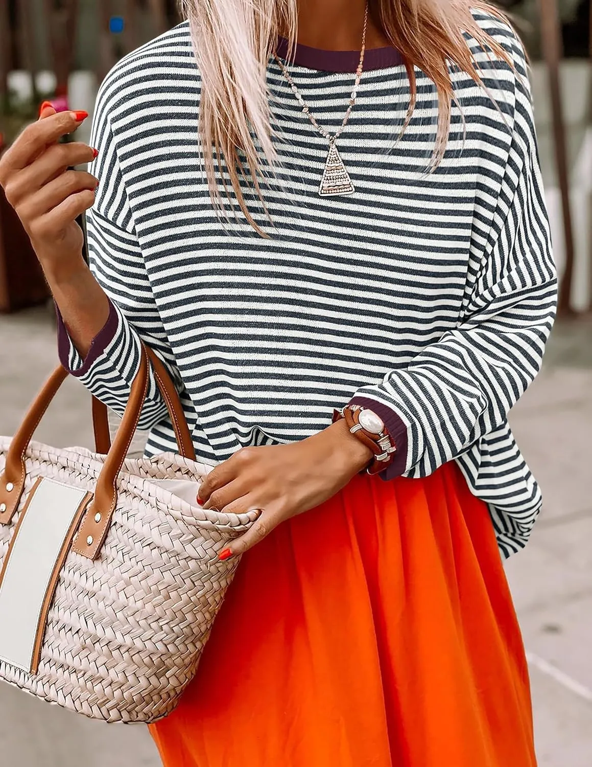 ZESICA Womens Spring Striped Sweaters Long Sleeve Crew Neck Shirts Color Block Lightweight Pullover Tops