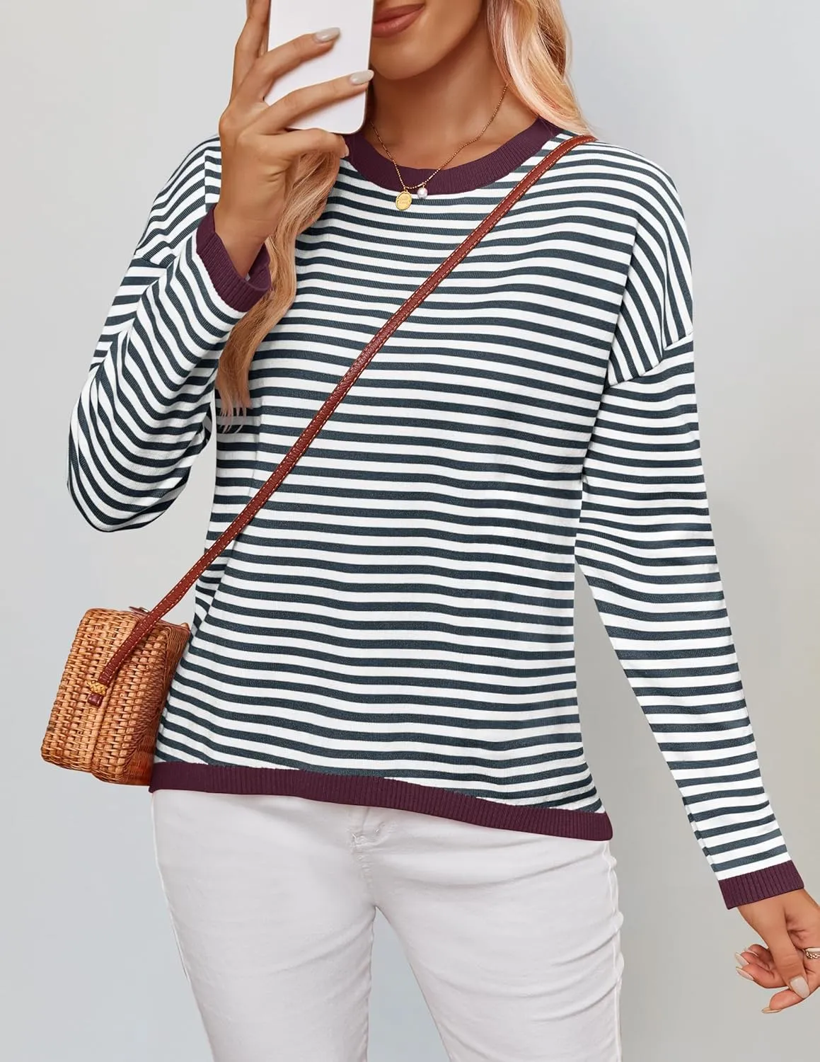 ZESICA Womens Spring Striped Sweaters Long Sleeve Crew Neck Shirts Color Block Lightweight Pullover Tops