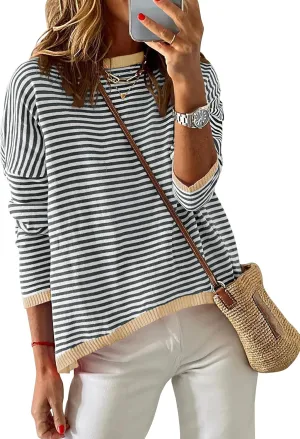ZESICA Womens Spring Striped Sweaters Long Sleeve Crew Neck Shirts Color Block Lightweight Pullover Tops