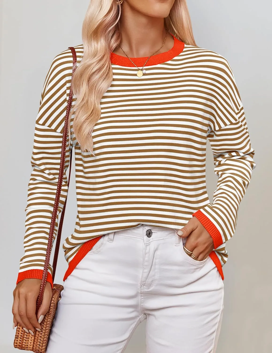 ZESICA Womens Spring Striped Sweaters Long Sleeve Crew Neck Shirts Color Block Lightweight Pullover Tops