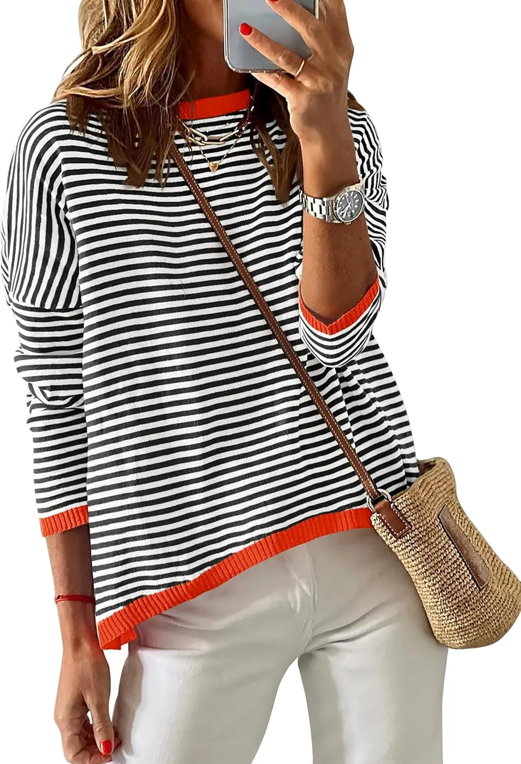 ZESICA Womens Spring Striped Sweaters Long Sleeve Crew Neck Shirts Color Block Lightweight Pullover Tops