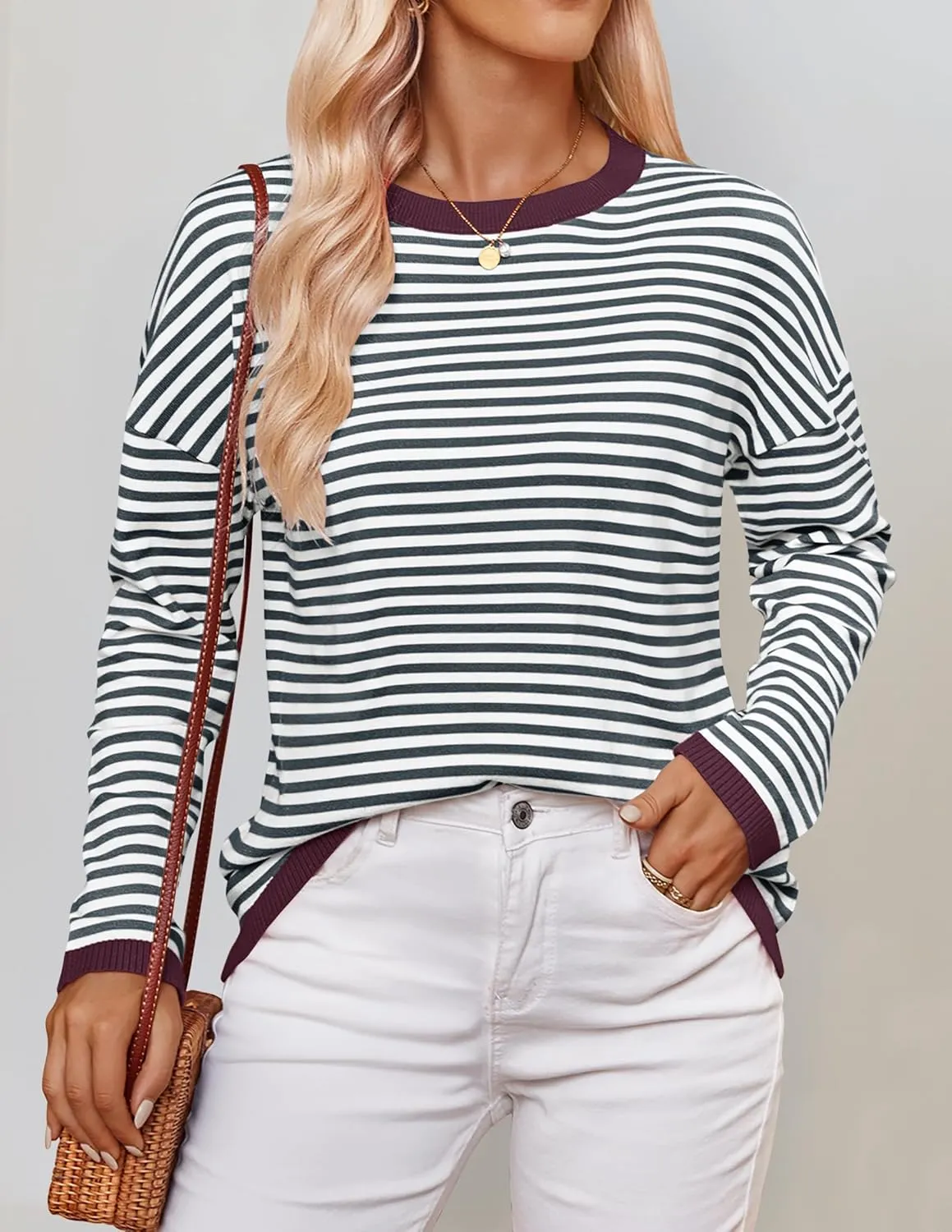 ZESICA Womens Spring Striped Sweaters Long Sleeve Crew Neck Shirts Color Block Lightweight Pullover Tops
