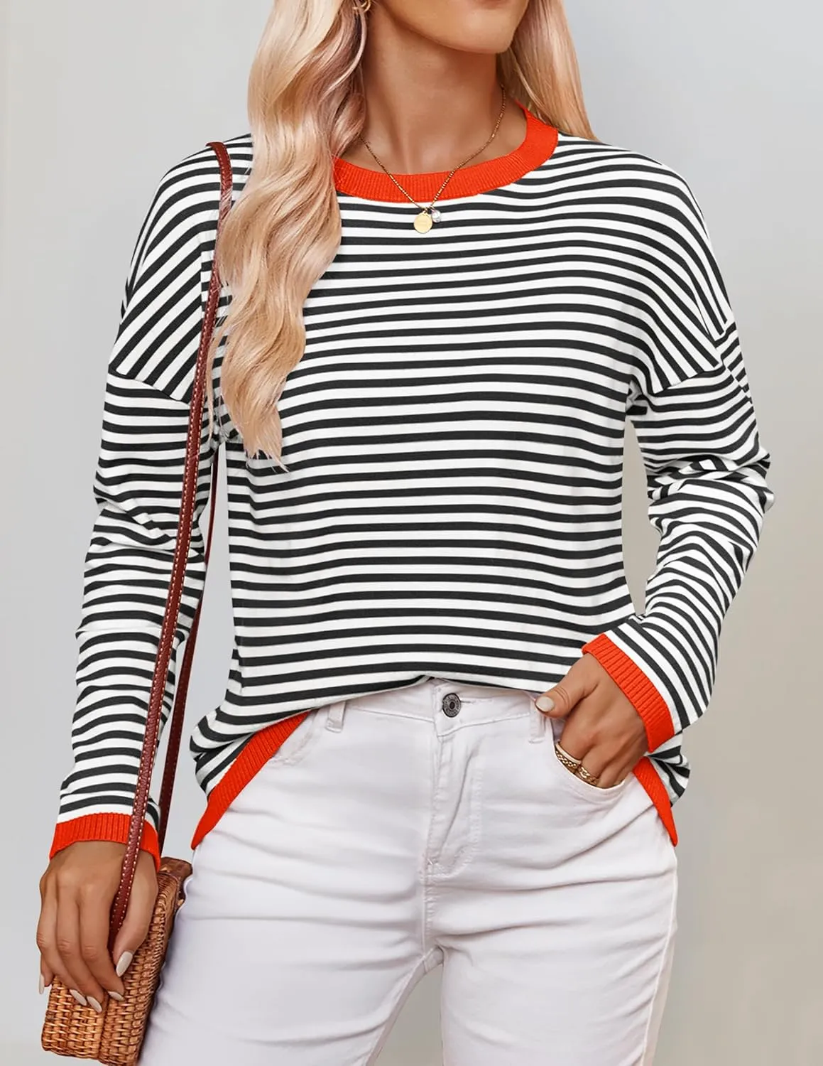 ZESICA Womens Spring Striped Sweaters Long Sleeve Crew Neck Shirts Color Block Lightweight Pullover Tops