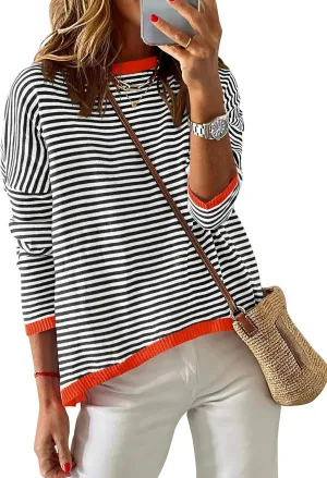 ZESICA Womens Spring Striped Sweaters Long Sleeve Crew Neck Shirts Color Block Lightweight Pullover Tops