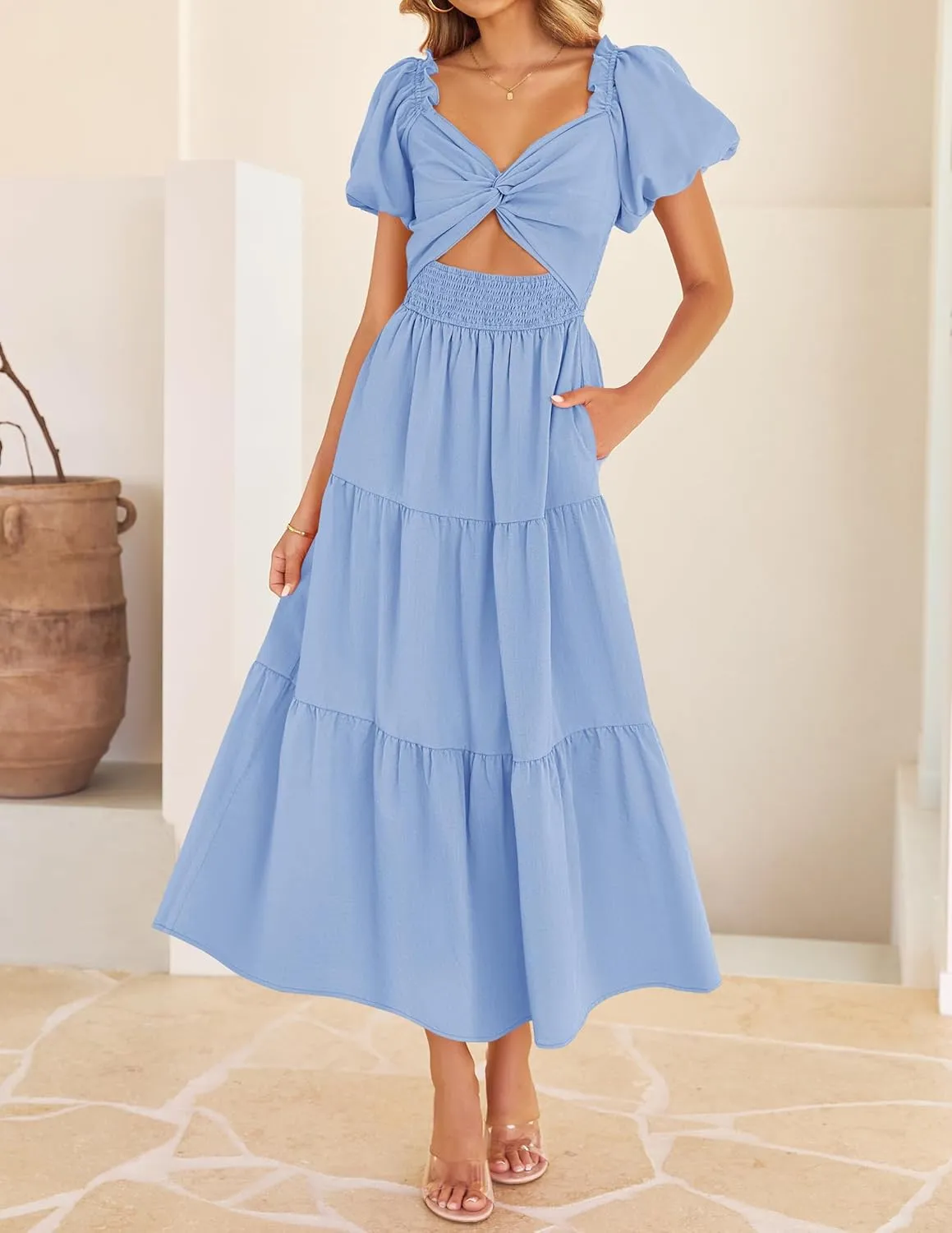 ZESICA Womens Summer 2025 Boho Vacation Dress Short Puff Sleeve Flowy Smocked Cutout A Line Beach Party Dresses