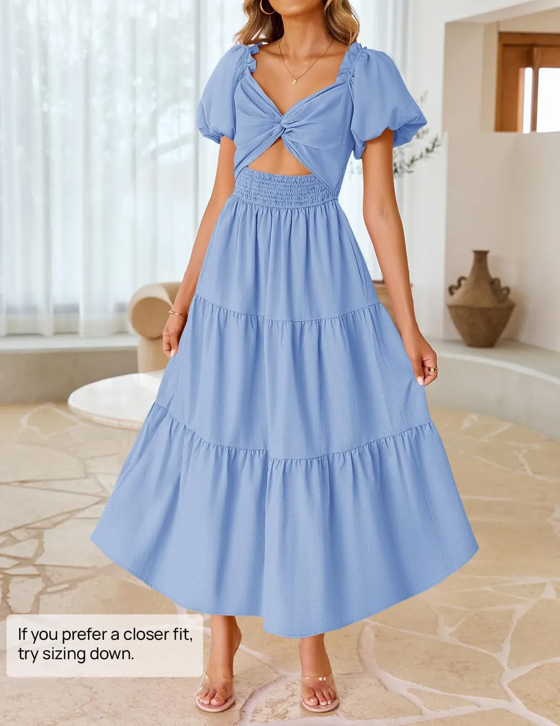 ZESICA Womens Summer 2025 Boho Vacation Dress Short Puff Sleeve Flowy Smocked Cutout A Line Beach Party Dresses
