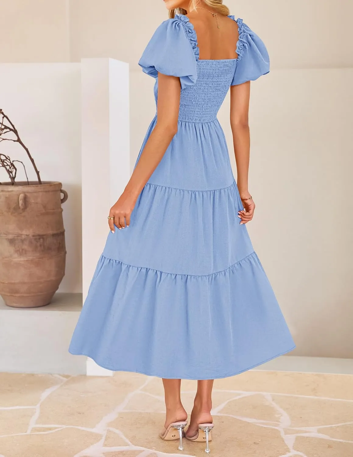 ZESICA Womens Summer 2025 Boho Vacation Dress Short Puff Sleeve Flowy Smocked Cutout A Line Beach Party Dresses