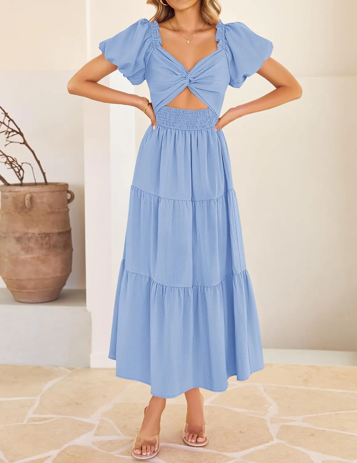ZESICA Womens Summer 2025 Boho Vacation Dress Short Puff Sleeve Flowy Smocked Cutout A Line Beach Party Dresses