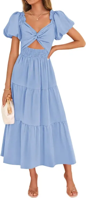ZESICA Womens Summer 2025 Boho Vacation Dress Short Puff Sleeve Flowy Smocked Cutout A Line Beach Party Dresses