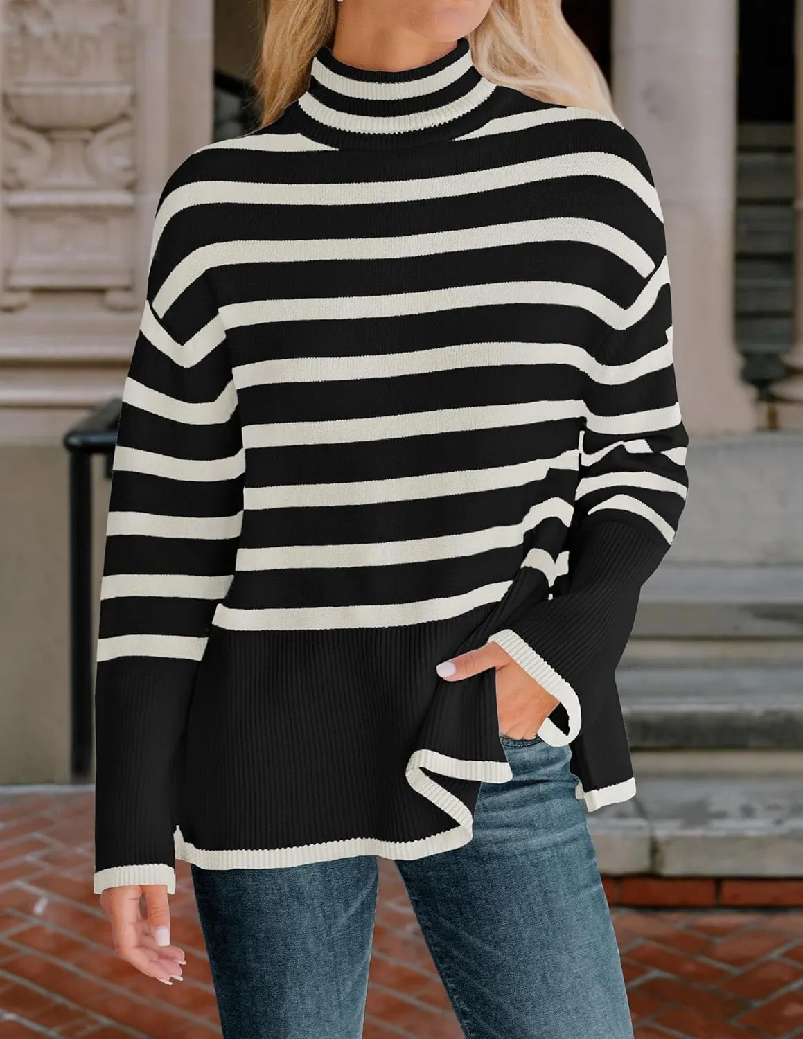 ZESICA Women's Winter Sweaters Casual Turtleneck Long Sleeve Striped Side Slit Loose Pullover Sweater Jumper Tops