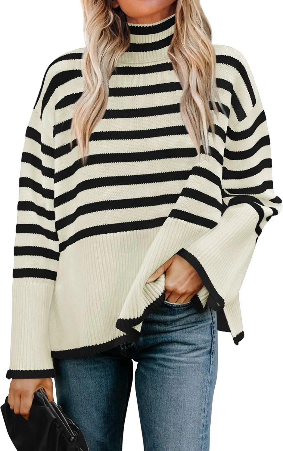 ZESICA Women's Winter Sweaters Casual Turtleneck Long Sleeve Striped Side Slit Loose Pullover Sweater Jumper Tops