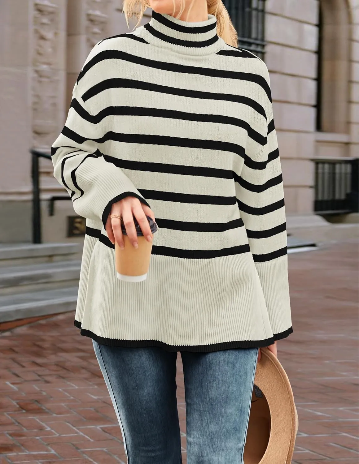 ZESICA Women's Winter Sweaters Casual Turtleneck Long Sleeve Striped Side Slit Loose Pullover Sweater Jumper Tops
