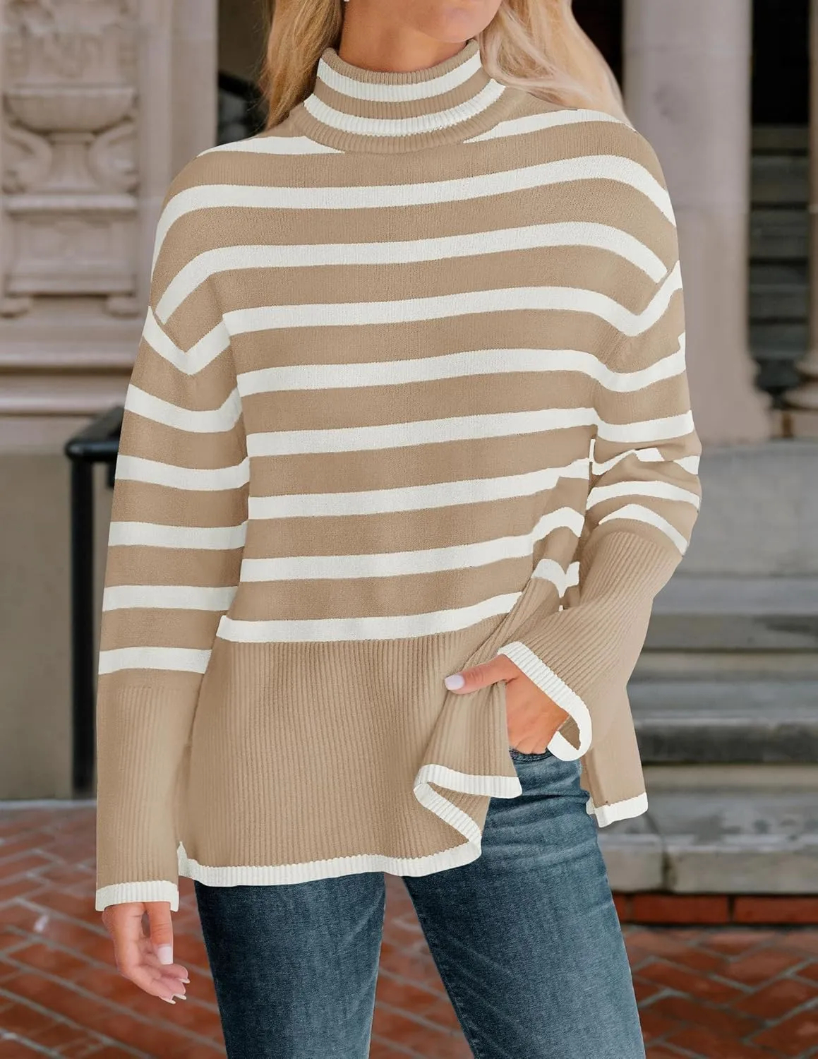 ZESICA Women's Winter Sweaters Casual Turtleneck Long Sleeve Striped Side Slit Loose Pullover Sweater Jumper Tops