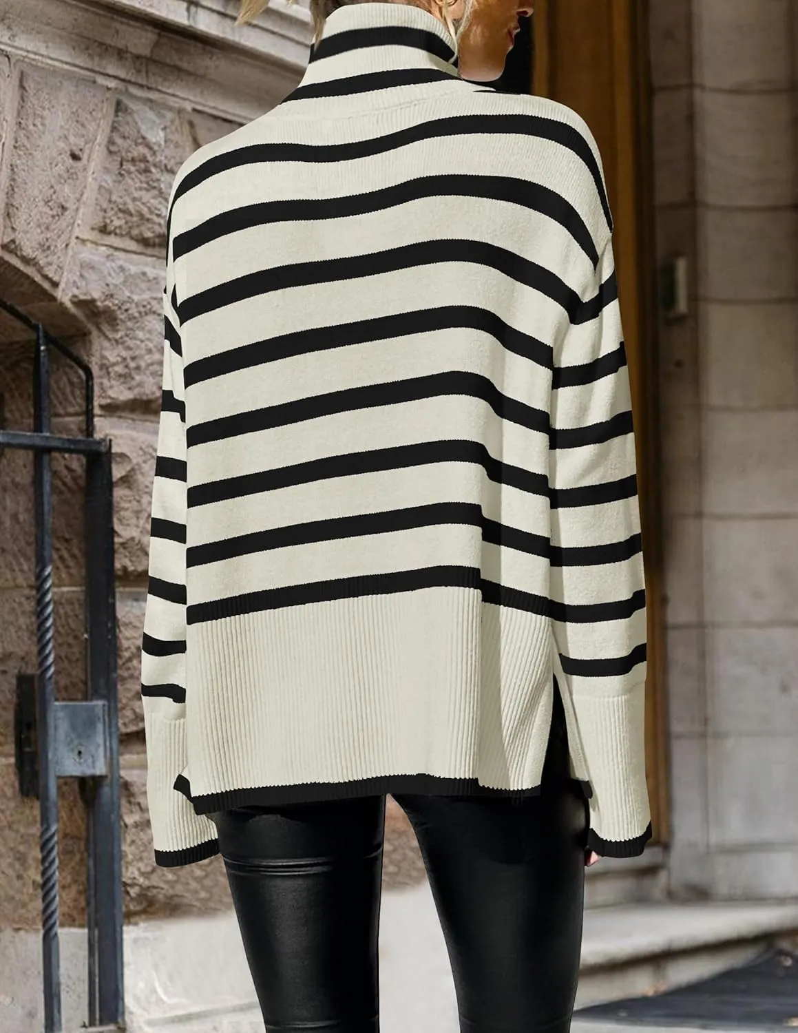 ZESICA Women's Winter Sweaters Casual Turtleneck Long Sleeve Striped Side Slit Loose Pullover Sweater Jumper Tops