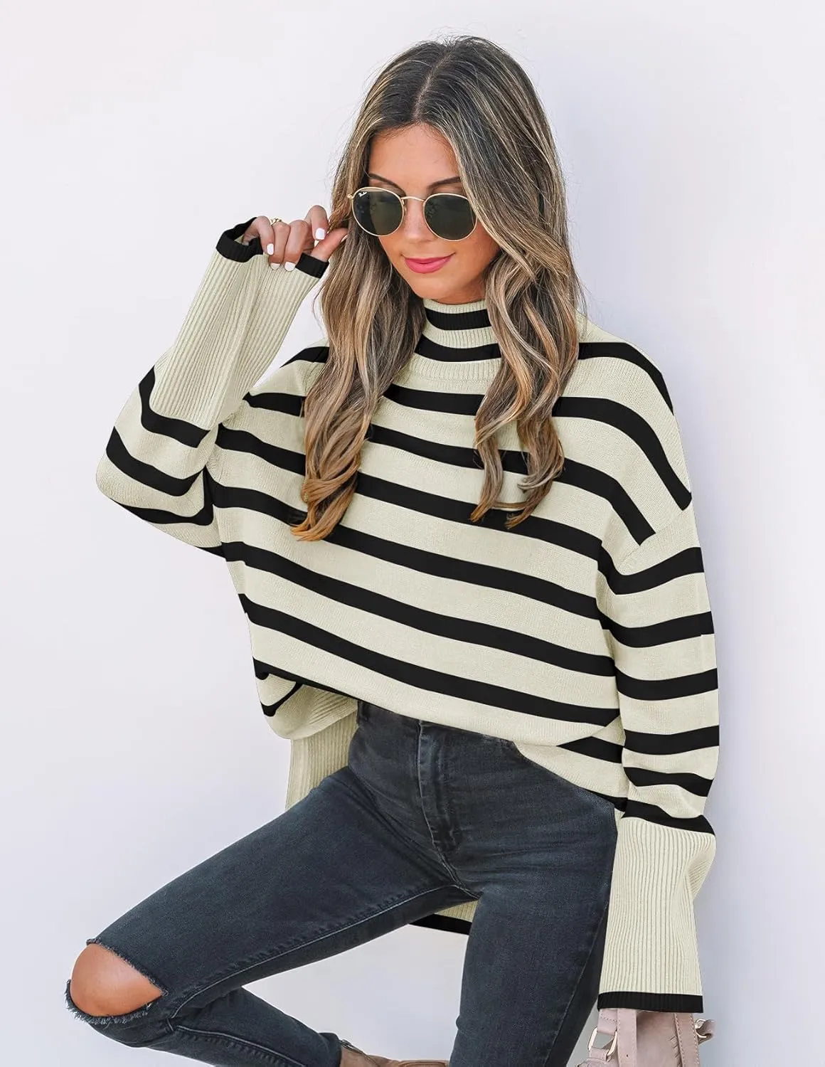 ZESICA Women's Winter Sweaters Casual Turtleneck Long Sleeve Striped Side Slit Loose Pullover Sweater Jumper Tops
