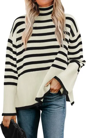 ZESICA Women's Winter Sweaters Casual Turtleneck Long Sleeve Striped Side Slit Loose Pullover Sweater Jumper Tops