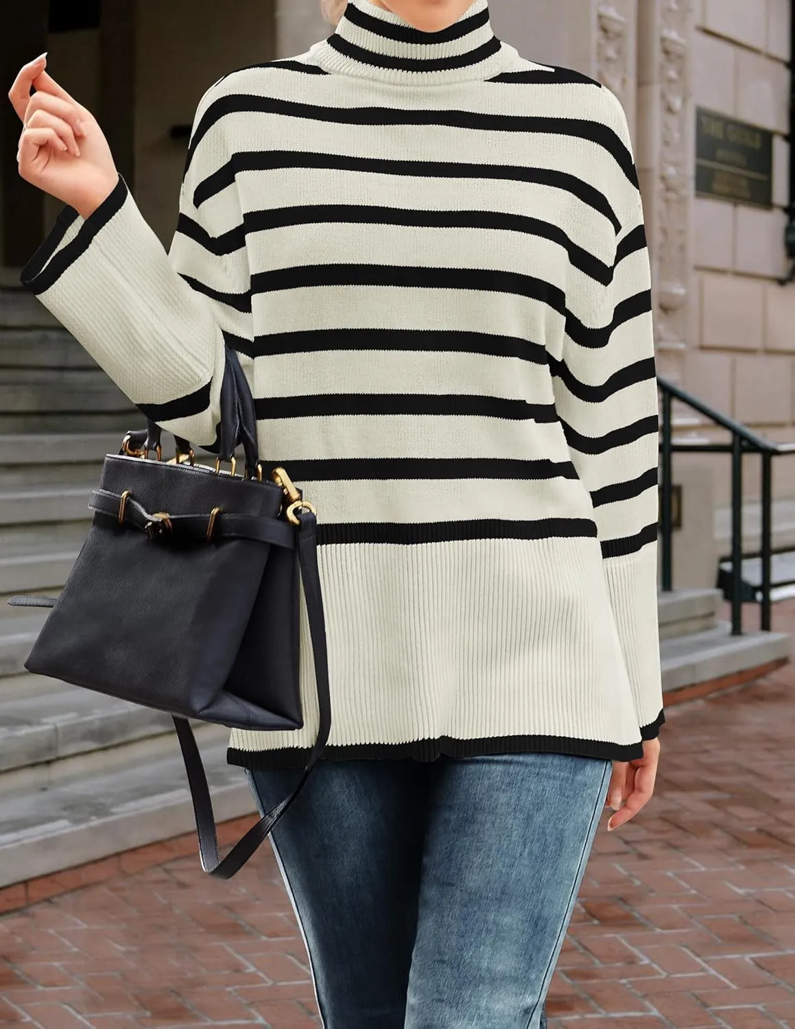 ZESICA Women's Winter Sweaters Casual Turtleneck Long Sleeve Striped Side Slit Loose Pullover Sweater Jumper Tops