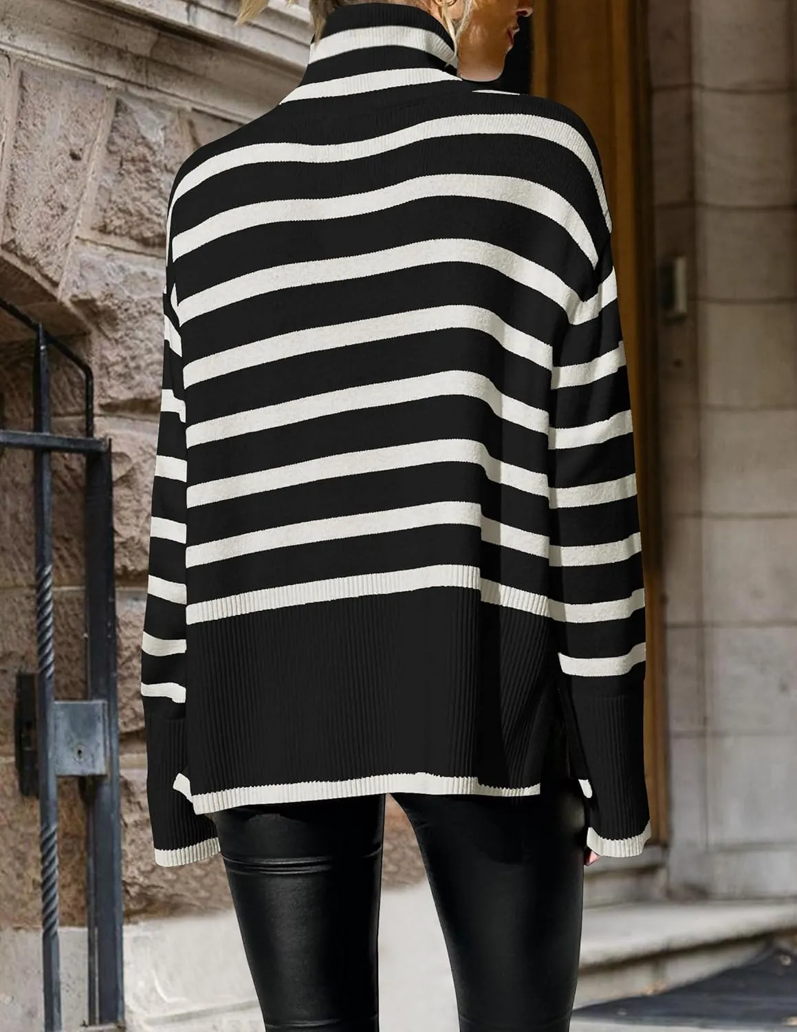 ZESICA Women's Winter Sweaters Casual Turtleneck Long Sleeve Striped Side Slit Loose Pullover Sweater Jumper Tops