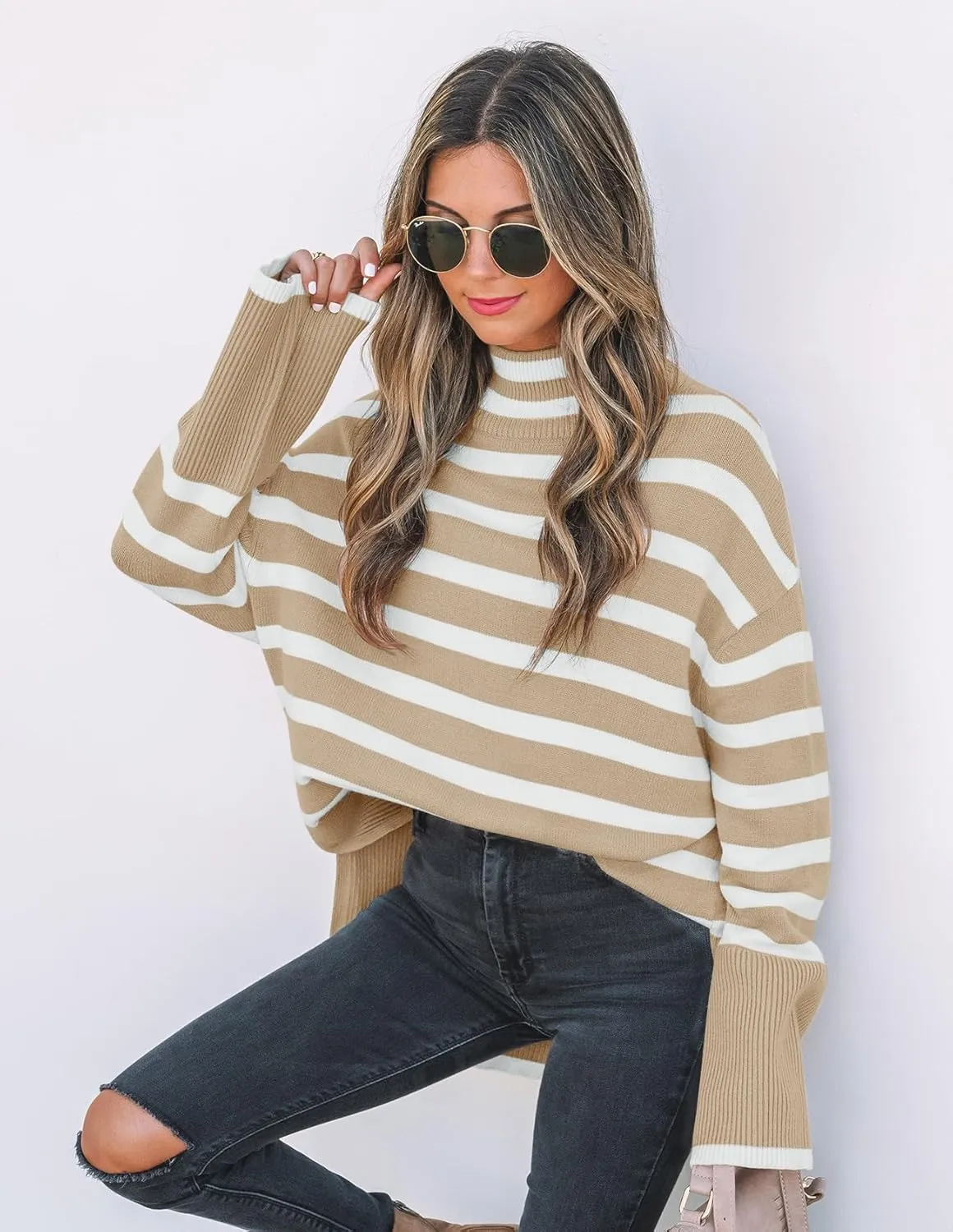 ZESICA Women's Winter Sweaters Casual Turtleneck Long Sleeve Striped Side Slit Loose Pullover Sweater Jumper Tops