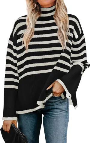 ZESICA Women's Winter Sweaters Casual Turtleneck Long Sleeve Striped Side Slit Loose Pullover Sweater Jumper Tops
