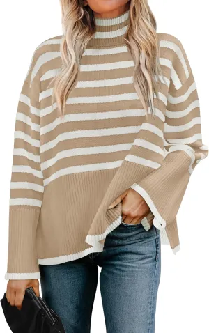 ZESICA Women's Winter Sweaters Casual Turtleneck Long Sleeve Striped Side Slit Loose Pullover Sweater Jumper Tops