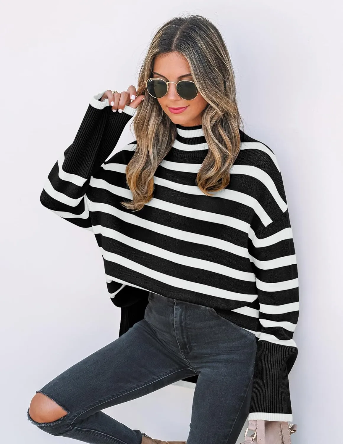 ZESICA Women's Winter Sweaters Casual Turtleneck Long Sleeve Striped Side Slit Loose Pullover Sweater Jumper Tops
