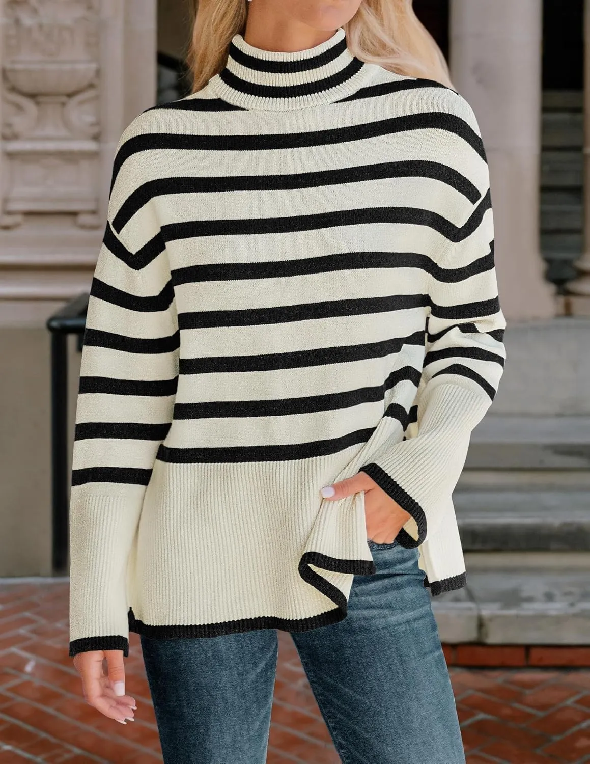 ZESICA Women's Winter Sweaters Casual Turtleneck Long Sleeve Striped Side Slit Loose Pullover Sweater Jumper Tops