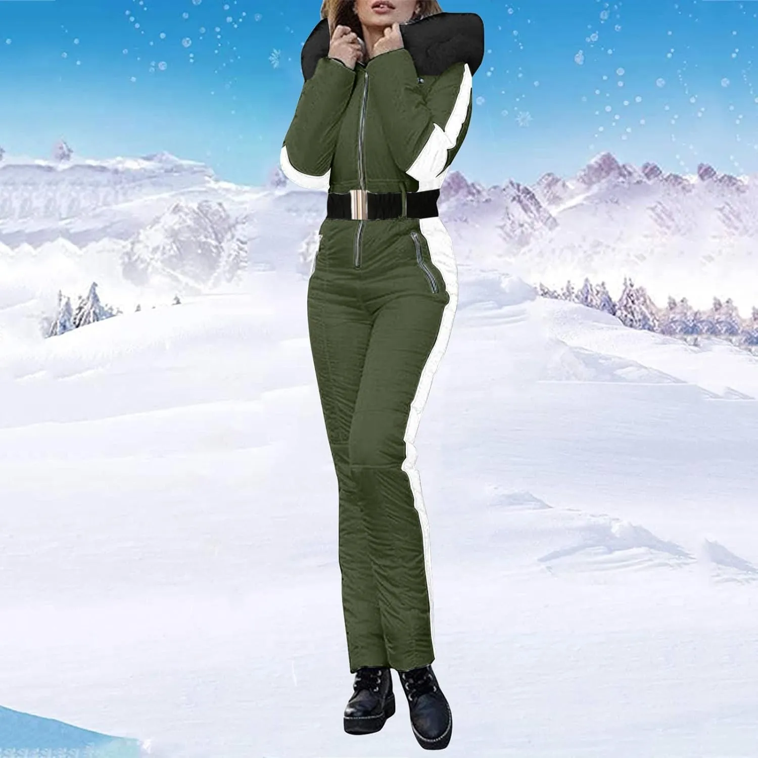 ZHUER Womens Winter Onesies Ski Suit Jumpsuit Fashion Hooded Outdoor Sports Waterproof Snowsuit with Removable Fur Collar