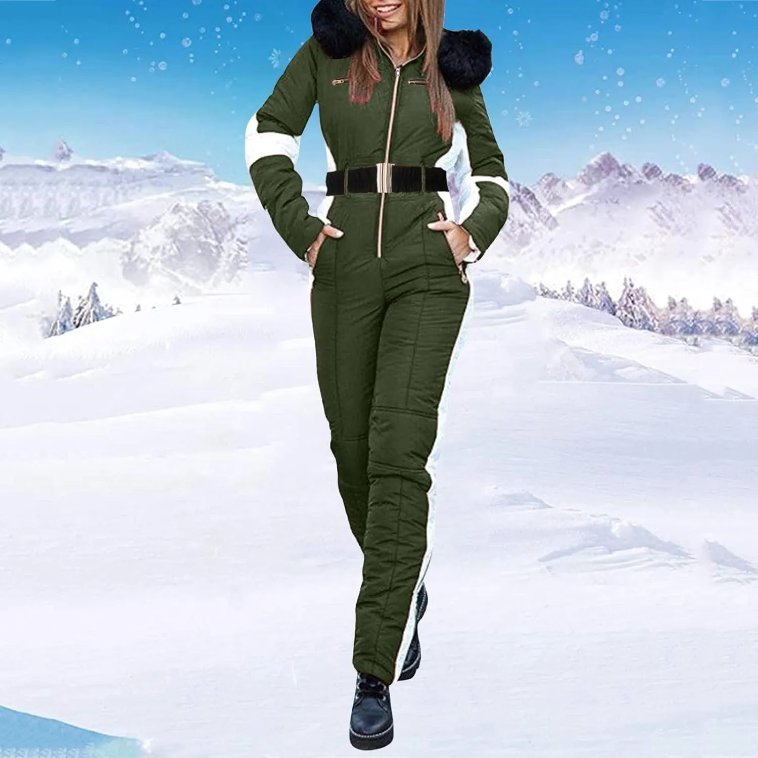 ZHUER Womens Winter Onesies Ski Suit Jumpsuit Fashion Hooded Outdoor Sports Waterproof Snowsuit with Removable Fur Collar