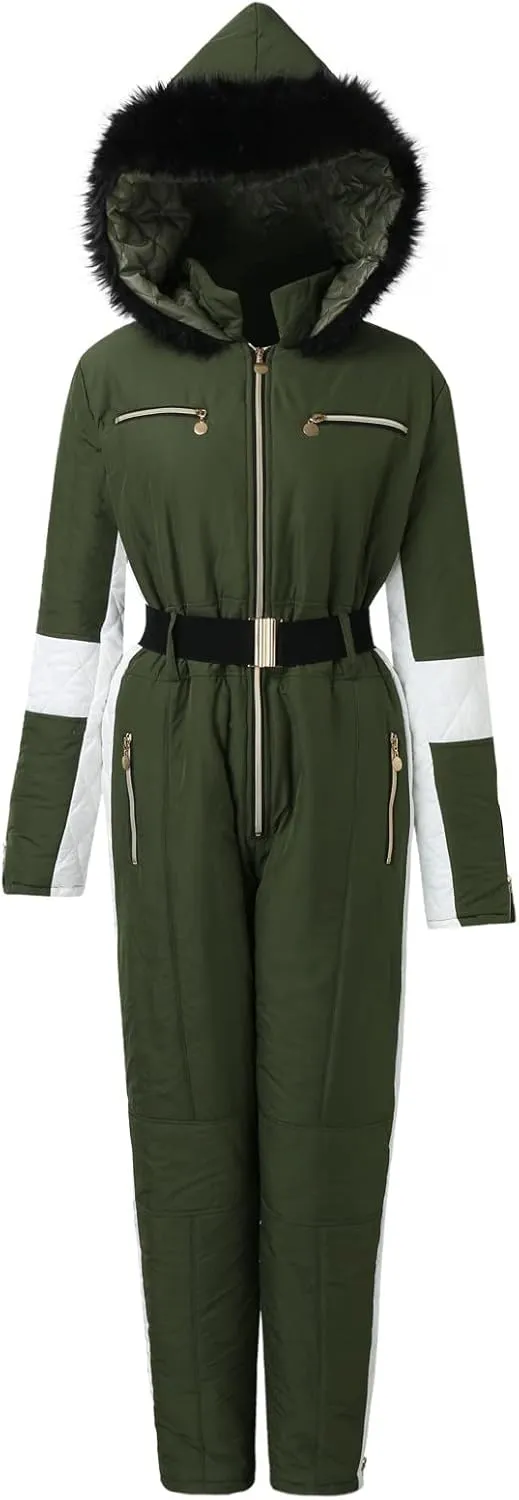 ZHUER Womens Winter Onesies Ski Suit Jumpsuit Fashion Hooded Outdoor Sports Waterproof Snowsuit with Removable Fur Collar