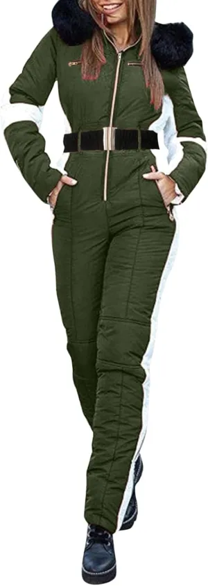ZHUER Womens Winter Onesies Ski Suit Jumpsuit Fashion Hooded Outdoor Sports Waterproof Snowsuit with Removable Fur Collar