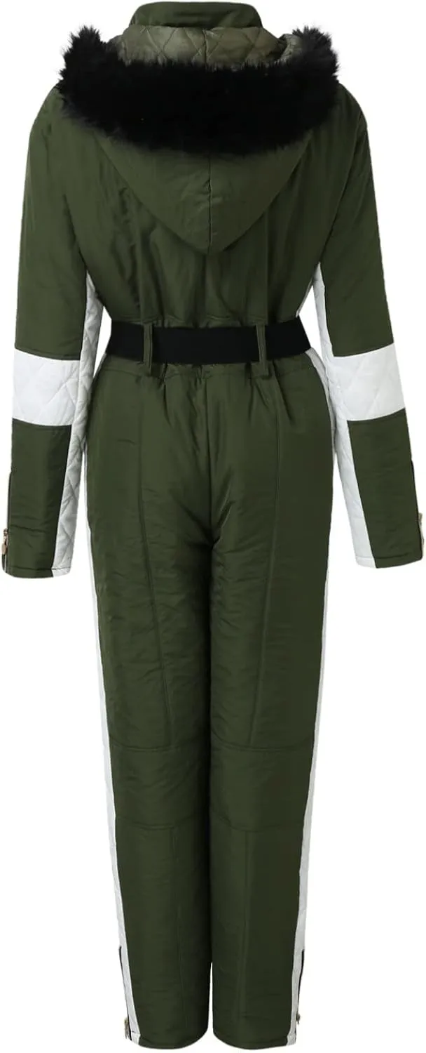 ZHUER Womens Winter Onesies Ski Suit Jumpsuit Fashion Hooded Outdoor Sports Waterproof Snowsuit with Removable Fur Collar