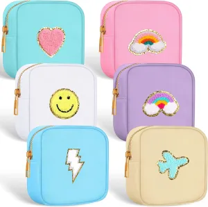 Zubebe 6 Pcs Preppy Patch Cute Makeup Bags Toiletry Bags Skincare Pouch Chenille Letter Nylon Bag for Purse Small Zipper Cosmetic Makeup Pouch Preppy Things for Travel(Cute Color)