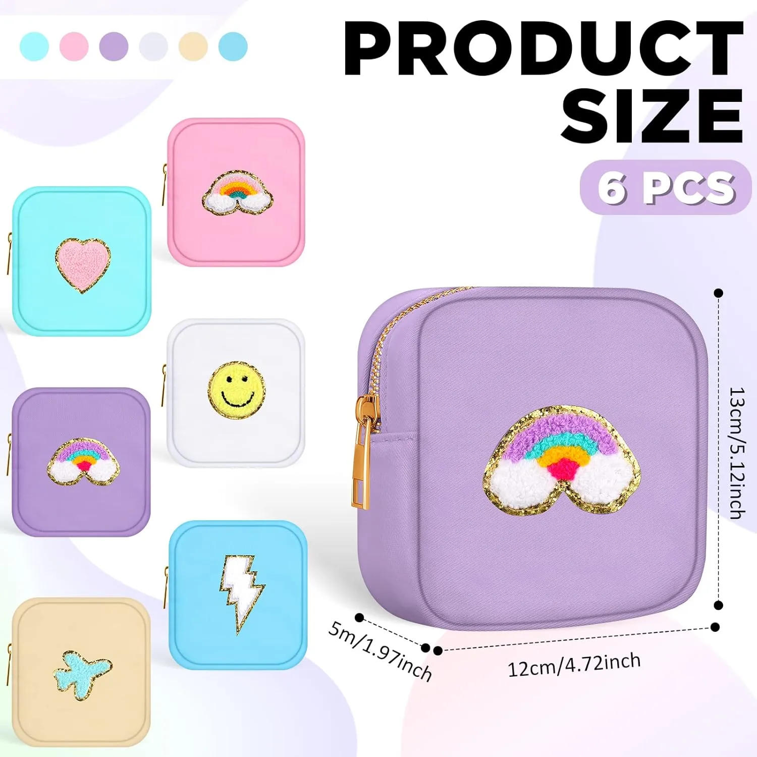 Zubebe 6 Pcs Preppy Patch Cute Makeup Bags Toiletry Bags Skincare Pouch Chenille Letter Nylon Bag for Purse Small Zipper Cosmetic Makeup Pouch Preppy Things for Travel(Cute Color)