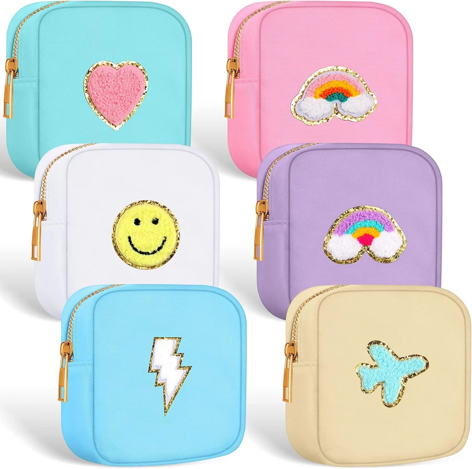 Zubebe 6 Pcs Preppy Patch Cute Makeup Bags Toiletry Bags Skincare Pouch Chenille Letter Nylon Bag for Purse Small Zipper Cosmetic Makeup Pouch Preppy Things for Travel(Cute Color)