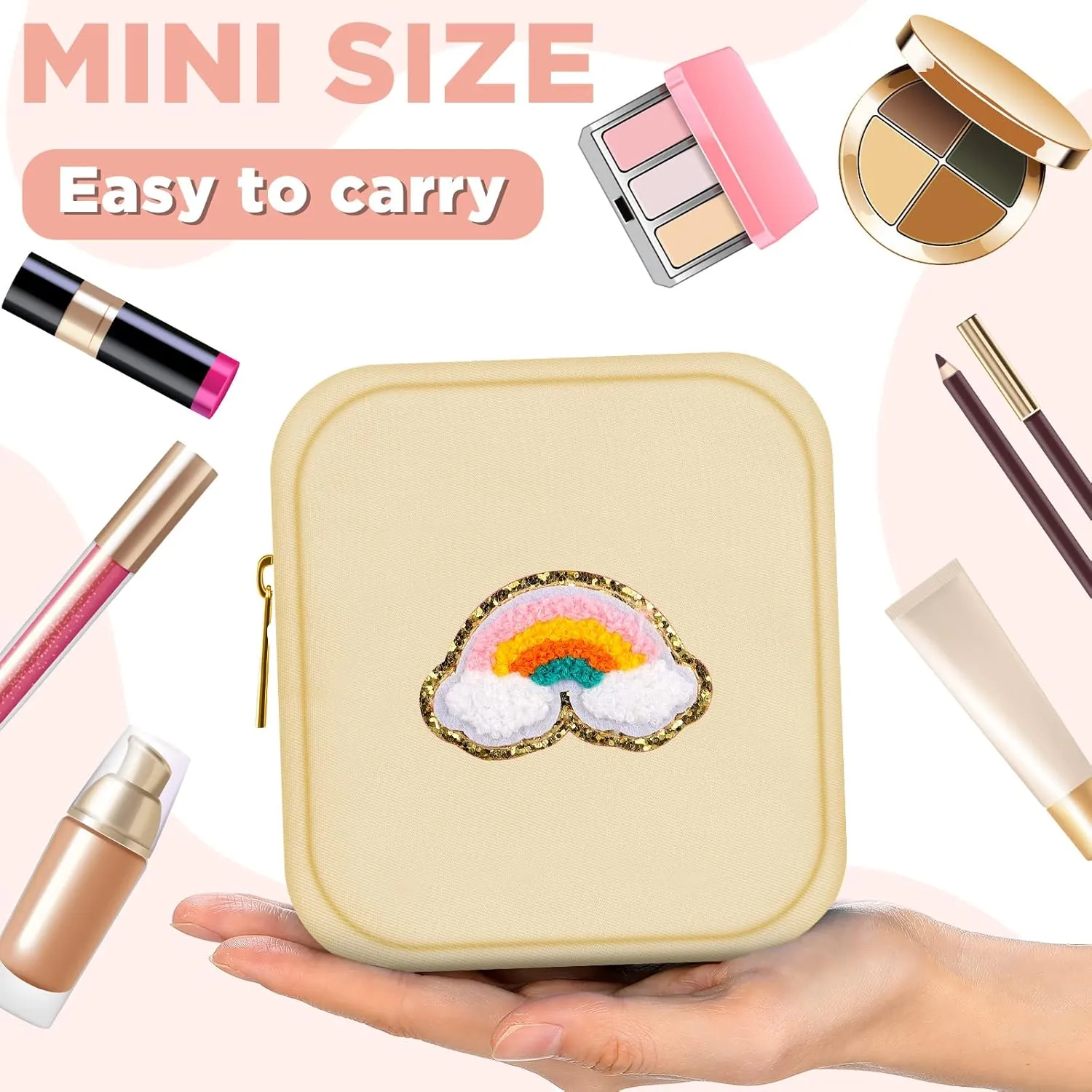 Zubebe 6 Pcs Preppy Patch Cute Makeup Bags Toiletry Bags Skincare Pouch Chenille Letter Nylon Bag for Purse Small Zipper Cosmetic Makeup Pouch Preppy Things for Travel(Lovely Color)