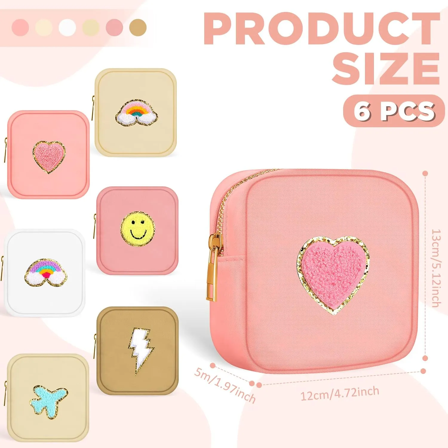 Zubebe 6 Pcs Preppy Patch Cute Makeup Bags Toiletry Bags Skincare Pouch Chenille Letter Nylon Bag for Purse Small Zipper Cosmetic Makeup Pouch Preppy Things for Travel(Lovely Color)