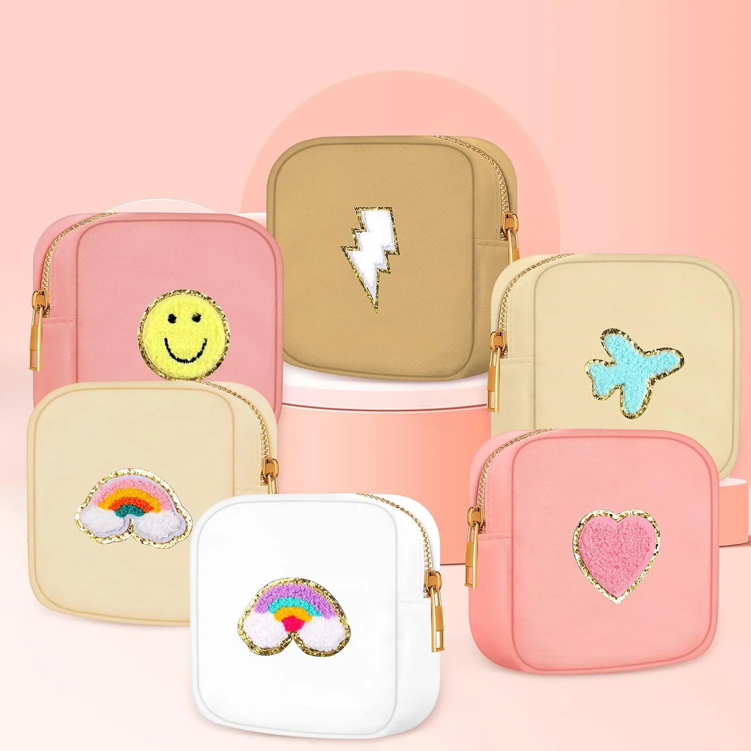 Zubebe 6 Pcs Preppy Patch Cute Makeup Bags Toiletry Bags Skincare Pouch Chenille Letter Nylon Bag for Purse Small Zipper Cosmetic Makeup Pouch Preppy Things for Travel(Lovely Color)