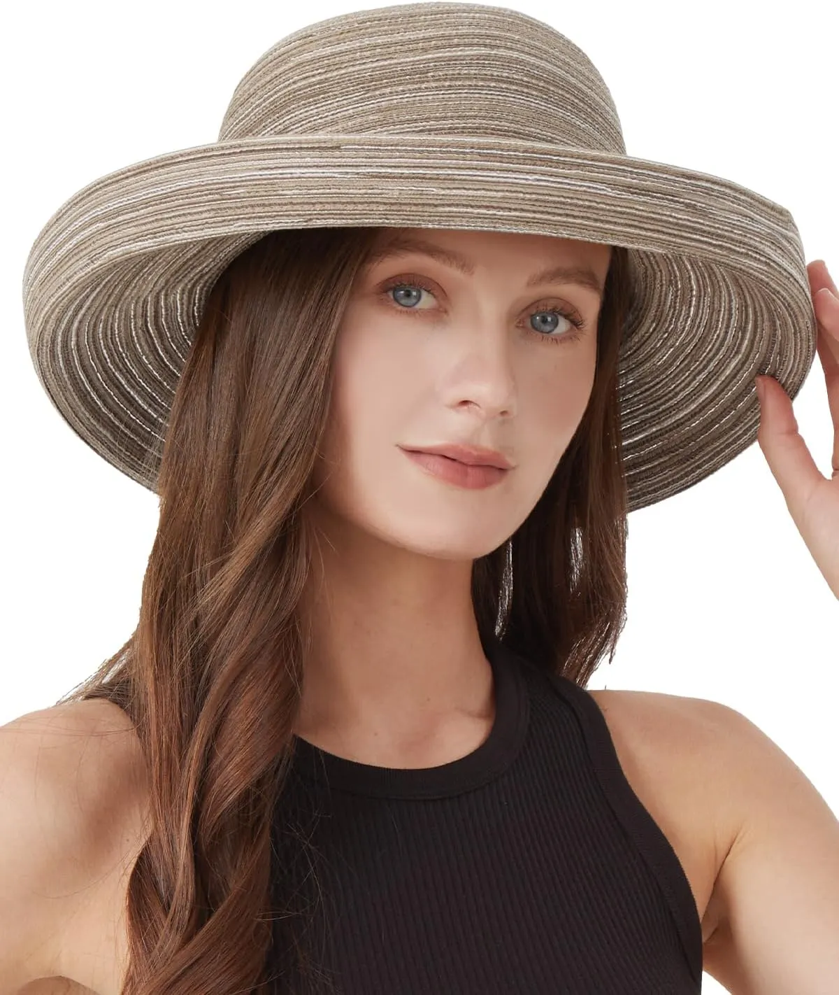 Zylioo XXL Kettle Brim Sun Hats for Women,Oversize Roll Up Straw Summer Hat with Wind Lanyard,UPF50  Beach Travel Hat