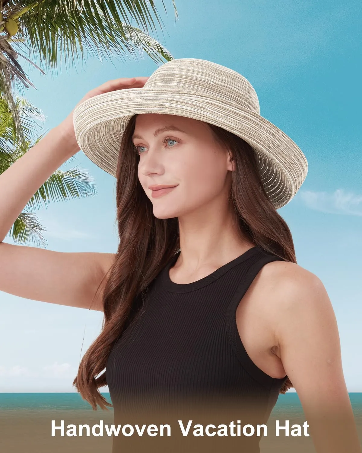 Zylioo XXL Kettle Brim Sun Hats for Women,Oversize Roll Up Straw Summer Hat with Wind Lanyard,UPF50  Beach Travel Hat